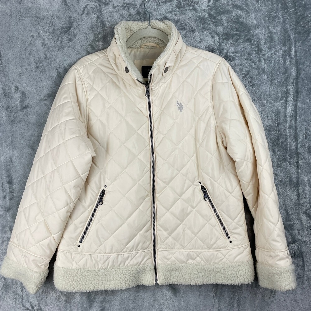 US Polo Assn Quilted Jacket‎ Womens XL Ivory Fleece Trim Full Zip Outdoor